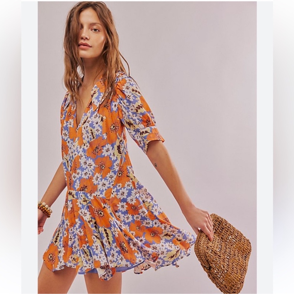 Free People Sugar Crush Mini Cobalt Combo Flowy Viscose Dress Small